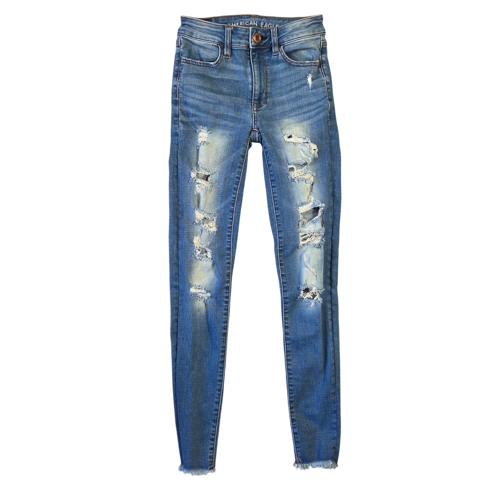 American Eagle Skinny Jeans Womens 0 Long Blue Distressed Shredded Raw Hem